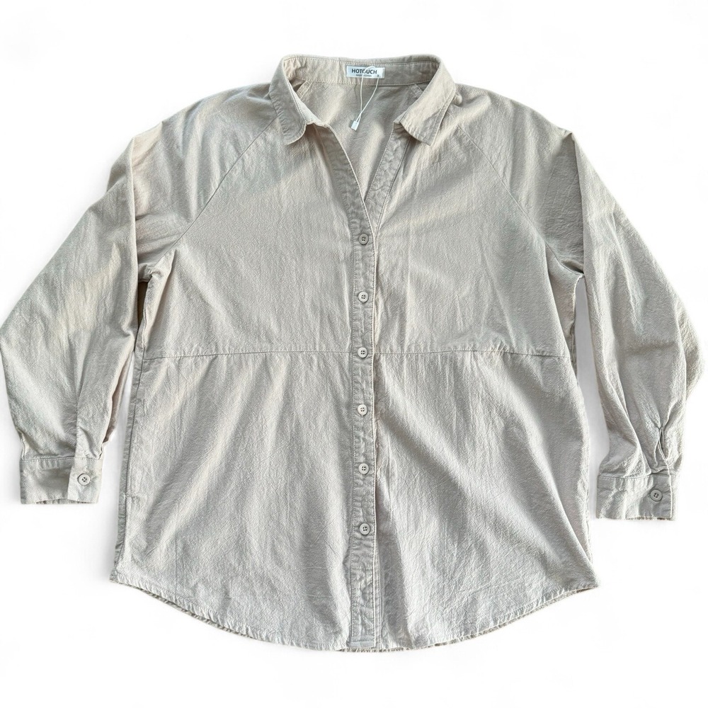 HOTOUCH Button Down Top with Pockets Womens M Medium Beige Cotton
